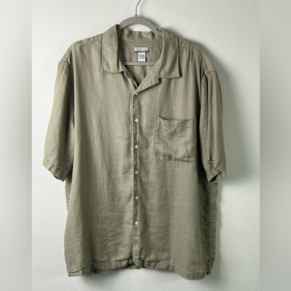 Breakwater Olive Linen Short Sleeve Button Down Office Vacation Travel